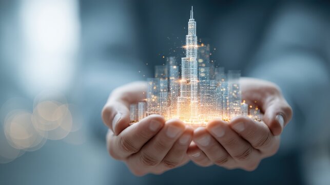 A pair of hands cradles a glowing, futuristic cityscape, symbolizing innovation, growth, and the potential of urban development.