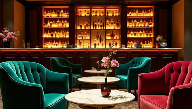 Sophisticated Indulgence  A Cozy Yet Grand Cocktail Bar Featuring Vibrant Velvet Chairs and Backlit Liquor Shelves
