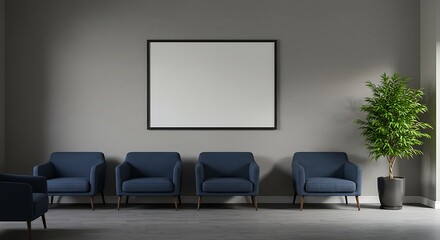Modern Waiting Room with Blue Armchairs and Blank Frame Against Gray Wall