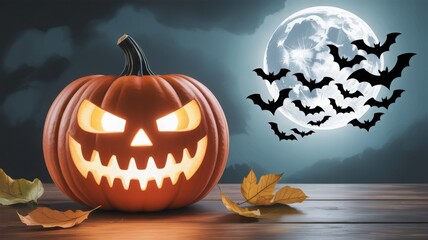 Illuminated Jack-o'-Lantern with Bats and Full Moon