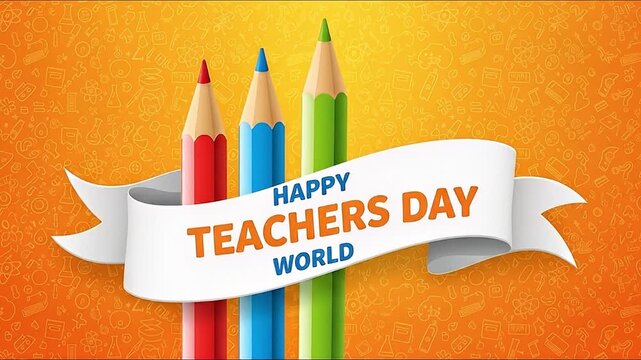 Vibrant World Teachers' Day greeting card illustration with colored pencils on a background of school subject doodles. - Powered by Adobe