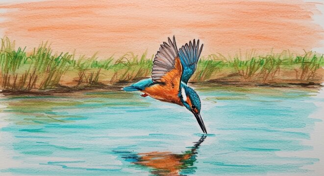 A kingfisher in vibrant flight, dipping its beak into a tranquil water, painted in soft, natural colors.