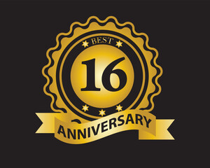 Naklejka premium 16th Anniversary Golden Badge. Best Anniversary Seal with Ribbon. Vector Illustration on Black Background