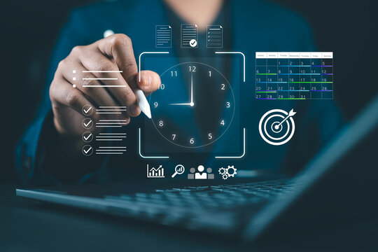 Time management and task planning concept with businessman using stylus and digital interface, project tracking and goal achievement strategy, representing schedule optimization, productivity tools.