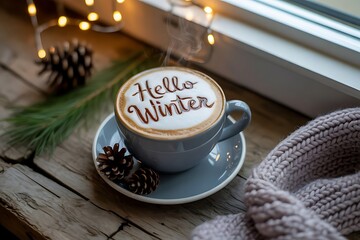 Cozy winter coffee cup with Hello Winter latte art, pine cones and warm lights creating hygge atmosphere on rustic wooden table