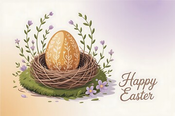 Happy Easter greeting card with decorated egg in nest, purple flowers and botanical elements, spring holiday illustration background
