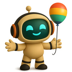 3D robot, standing with arms wide open, holding a colorful balloon