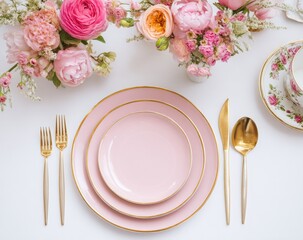 Elegant pink and gold tableware with flowers