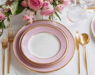 Elegant, pastel pink dinnerware set on a marble table.  A floral arrangement is visible in the background