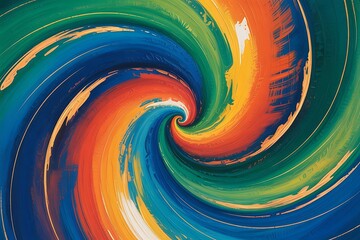 Abstract colorful spiral painting with dynamic brush strokes, vibrant swirl pattern in blue orange green, modern art background texture