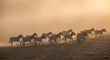 Zebras gallop through dusty savanna at sunset