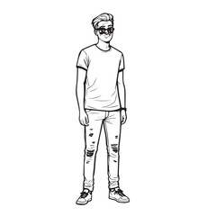Handsome Man Black and White Illustration Vector Image Male Portrait Fashion Sketch Line Art Design	