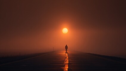 A solitary figure walks a misty road under a vibrant orange sun