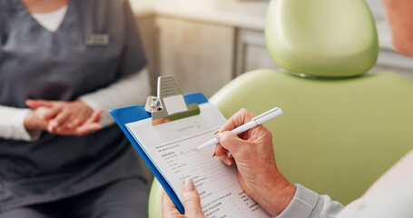 Healthcare, consulting and clipboard with hands at dentist for patient information, oral hygiene...