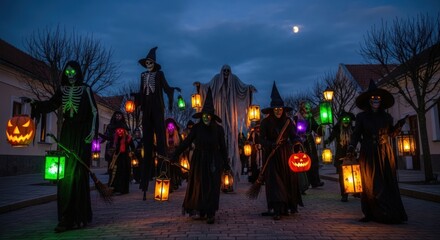 A spooky street parade with glowing lanterns and pumpkins on Halloween