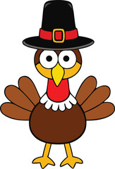 A cheerful cartoon turkey adorned with a traditional pilgrim hat, symbolizing Thanksgiving festivities.