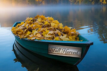 Autumn Boat Filled with Golden Fall Leaves on Calm Lake Water - Peaceful Seasonal Scene with Reflections and Warm Sunlight