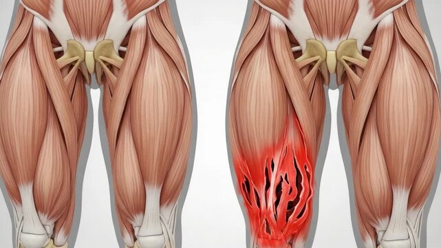 Hamstring Injury Illustration Showing Damaged Muscle Fibers and Anatomical Structure of the Human Leg for Medical Purposes