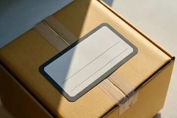 Cardboard Shipping Box with Address Label and Packing Tape - E-commerce Package Delivery Concept with Natural Light and Shadow