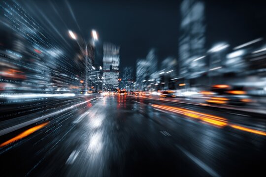 Blurry city street at night, rain, motion