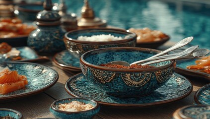 Fototapeta premium Turquoise ceramic bowls, dishes, and spices arranged outdoors by a pool