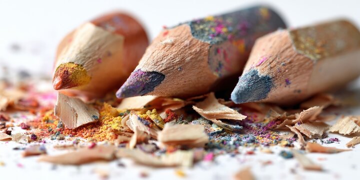 Close-up of sharpened colored pencils and shavings