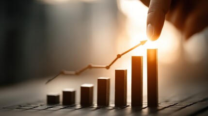 A hand points at rising bar graphs, symbolizing growth and progress in financial or business contexts against a warm, glowing background.
