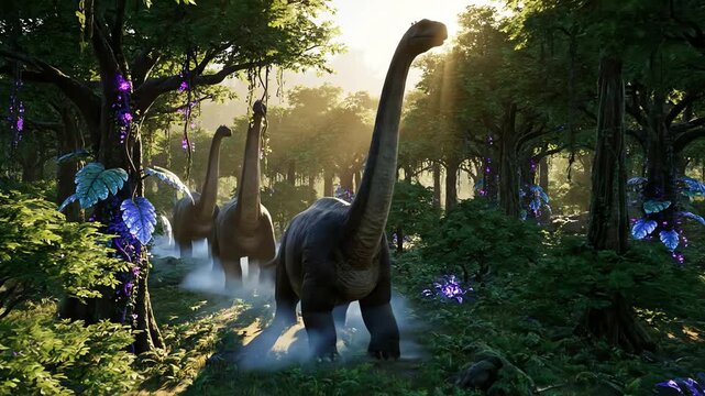 4k video footage of three Brachiosaurus dinosaurs walking through a lush, green prehistoric forest at sunrise, showcasing a cinematic, warm-toned scene.