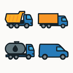 Collection of various cartoon trucks and vans for transportation.