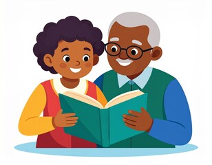 An elderly African American grandfather with glasses reading a book with his happy young grandchild, sharing a moment of bonding.