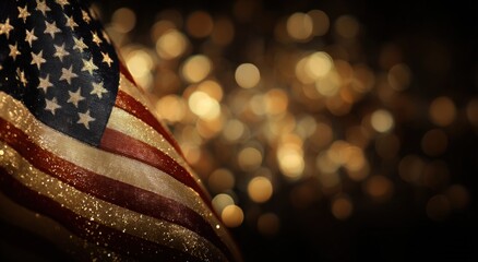 American flag, gold glitter, blurred lights
