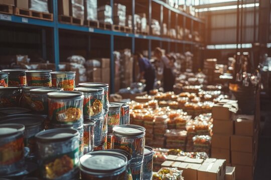 Diverse assortment of canned food products arranged in a well-organized warehouse, showcasing a busy environment with workers preparing supplies for distribution and storage needs. - Powered by Adobe