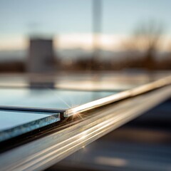 Close-Up of Modern Architectural Glass Panel Reflecting Sunset Light