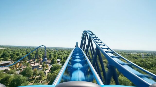 First-person view from a blue roller coaster track high above an amusement park on a clear sunny day, with trees and other park structures visible below.