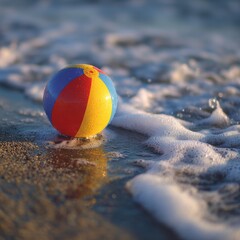 Obraz premium Colorful Beach Ball on Shoreline with Waves and Sand