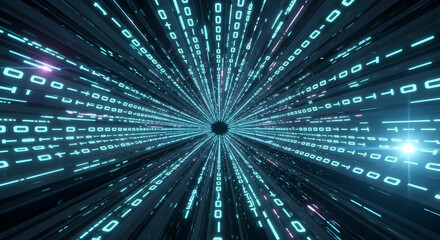 Futuristic Data Tunnel with Binary Code and Abstract Light Trails