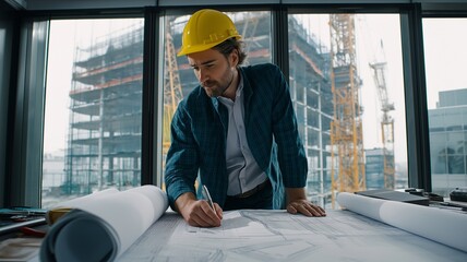 Civil engineer is examining architectural schematics and comparing data with fieldwork progress observed via office windows.