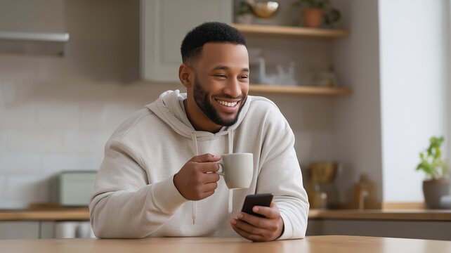 A happy multiracial man in the kitchen using a smartphone and drinking coffee