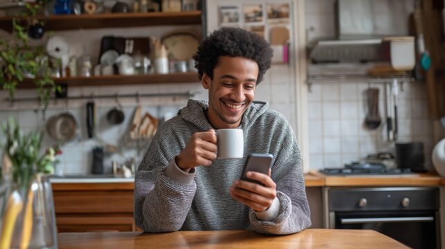 A happy multiracial man in the kitchen using a smartphone and drinking coffee