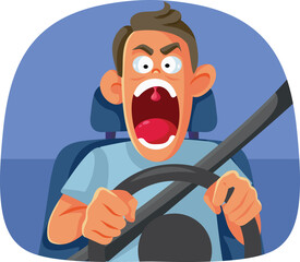 Angry Bad Driver Screaming Behind the Wheel Vector Character. Furious driver being enraged by a traffic jam 
