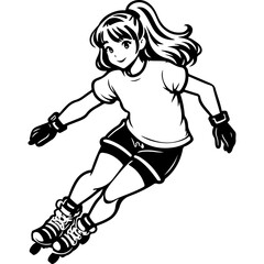 Fototapeta premium Sketchy sport emblem of girl confidently rushes on roller skates. Engraving minimalistic vector in black ink drawing on transparent background