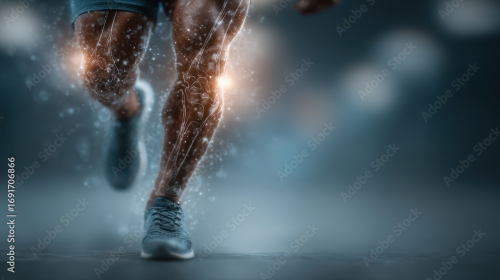 Poster a dynamic image of a runner's legs in motion, highlighting strength and energy with visual effects o