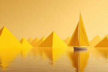 A minimalist, 3D rendering of a sailboat on a body of water with a horizon of pyramids