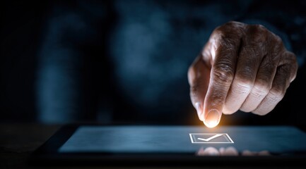 A hand interacts with a glowing checkmark on a tablet
