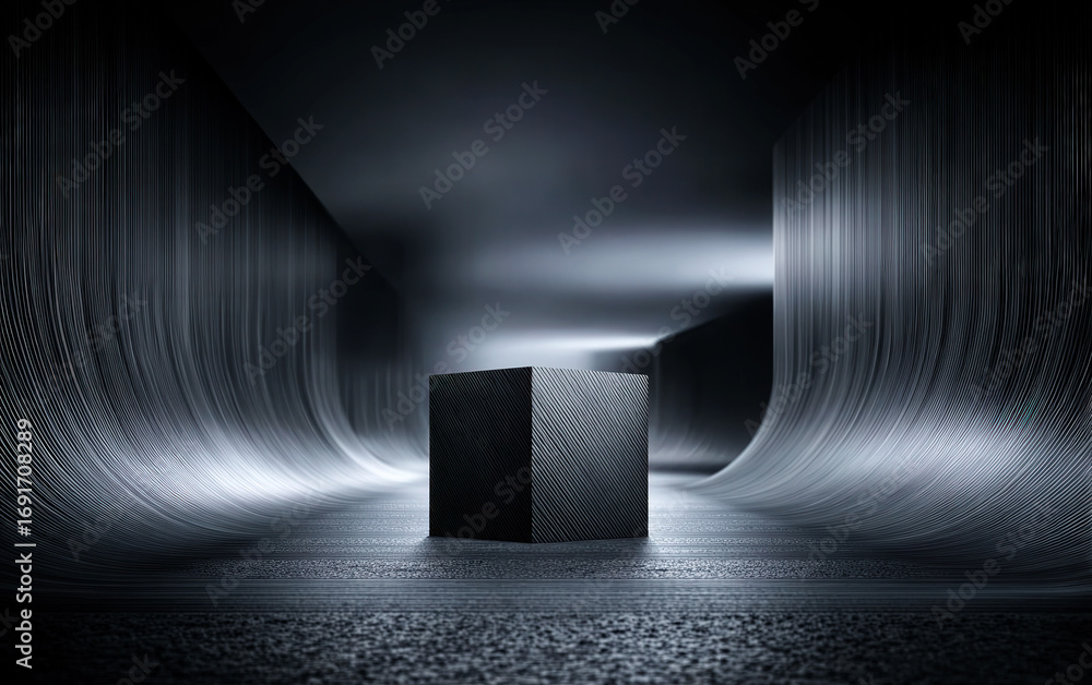 Poster abstract black cube in a dynamic light and shadow environment