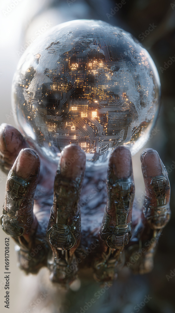 Poster an advanced cybernetic hand holding a glowing crystal earth with complex circuits and data, represen