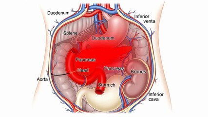 Human pancreas anatomy and its position within the abdominal cavity for educational purposes to show its role in digestion and hormone regulation.