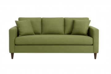 Comfortable green sofa with cushions isolated on transparent background, perfect for interior design projects and visualizations