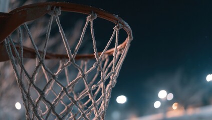 Close-up of a snowy basketball hoop at night