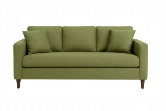 Comfortable green sofa with cushions isolated on transparent background, perfect for interior design projects and visualizations - Powered by Adobe